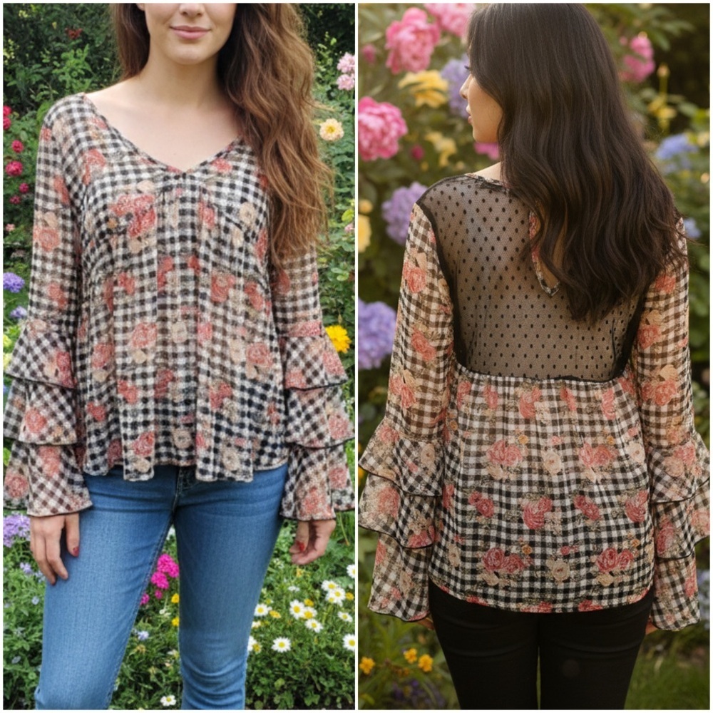Crave Fame by Almost Famous Floral Gingham Blouse